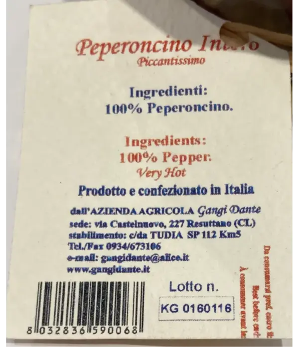 Gangi Dante Whole Dried Chili Peppers Authentic Italian 1oz