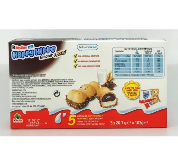 Kinder Happy Hippo Cocoa Cream Biscuits 103g Snack Pack - Image 2