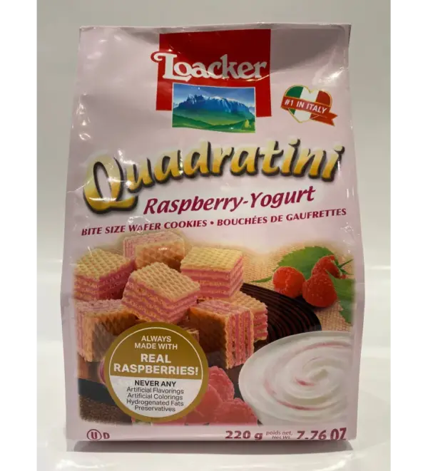 Loacker Quadratini Raspberry Yogurt Bites 220g Crispy Wafer Cookies - Image 2
