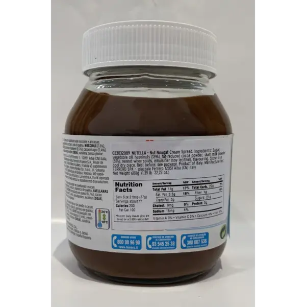 Nutella Hazelnut Chocolate Spread 600g Jar