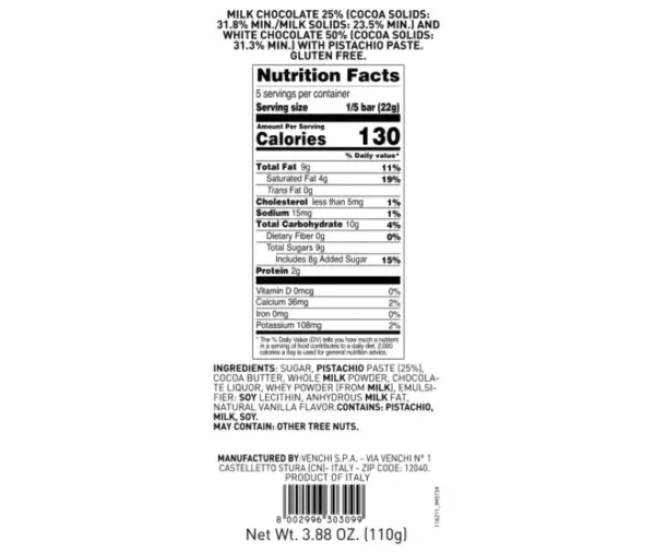 Venchi Pistachio Chocolate Bar 110g - Image 2