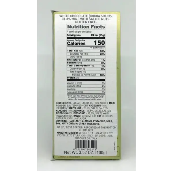 Venchi White Chocolate with Salted Pistachios & Almonds 100g - Image 2